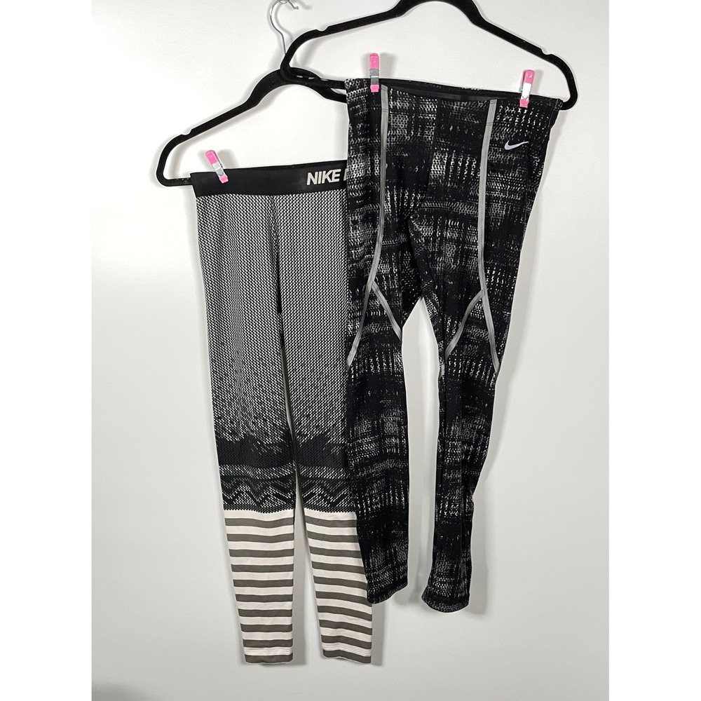 Nike Pro Dri-FIT Women XS Leggings Lot 2 Black White Geometric Abstract Stripe